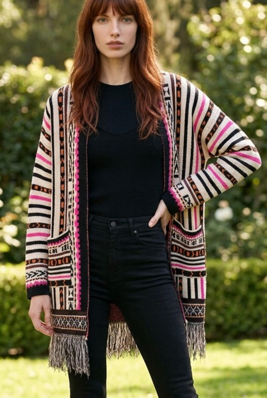 Fringe Stripe Viscose Blend Duster Cardigan Sz L Aztec Boho Dopamine